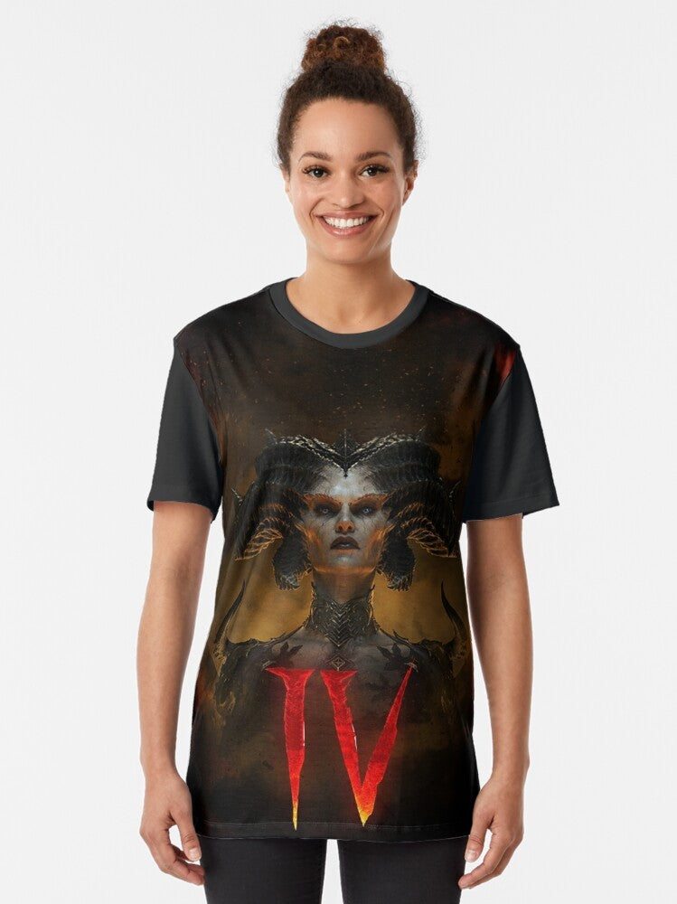 "Diablo 4 Graphic T-Shirt featuring Lilith and the Gates of Hell" - Women