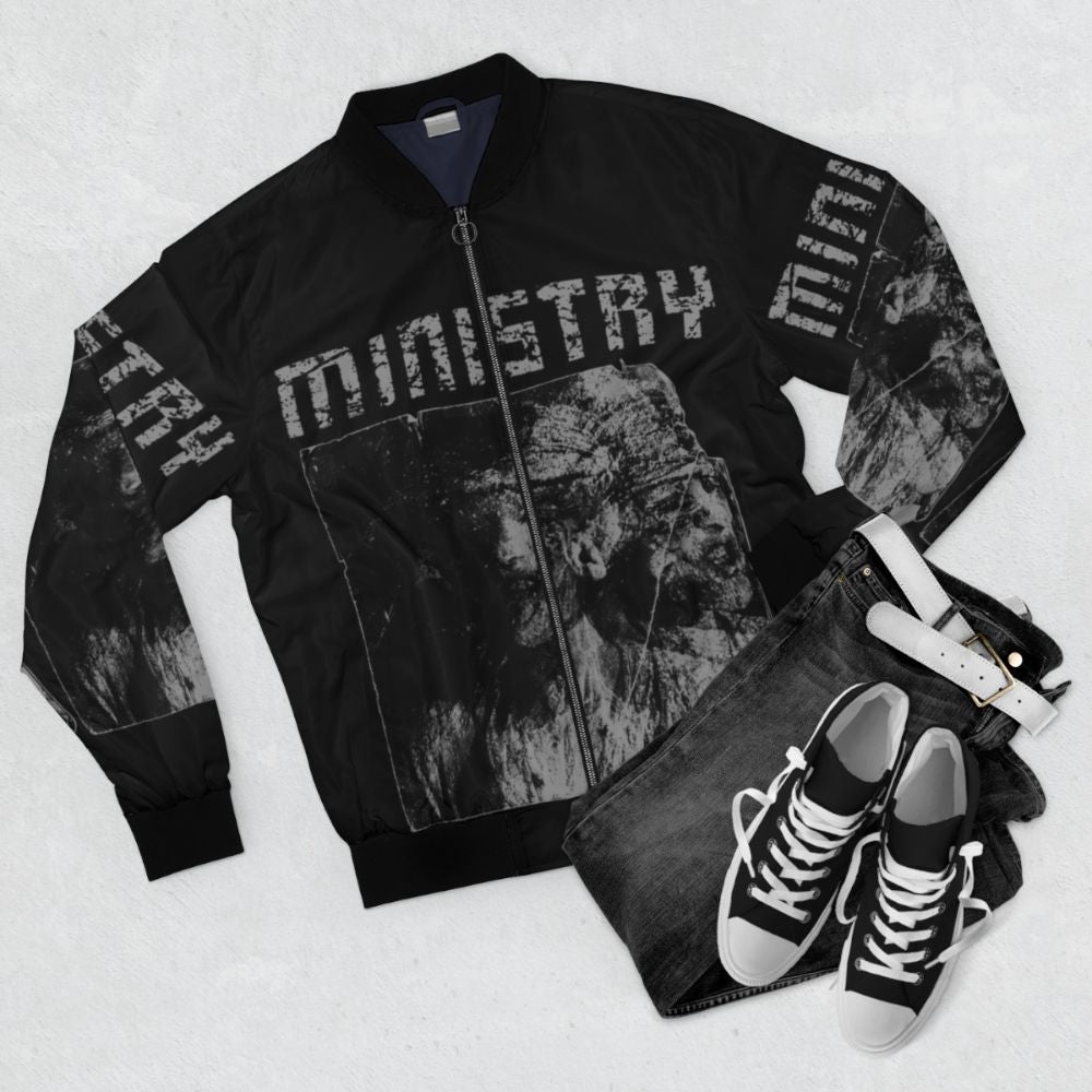 Ministry industrial metal bomber jacket featuring graphic designs and industrial-inspired details. - Flat lay