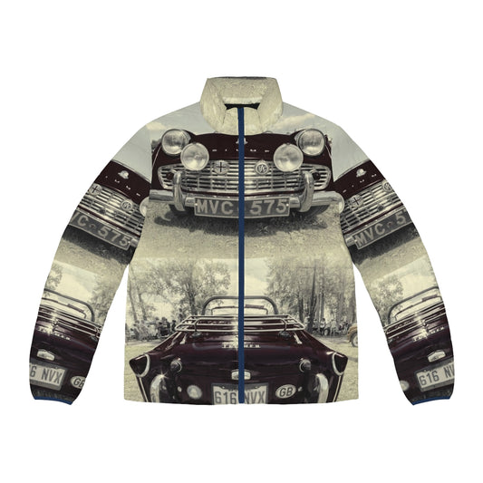 Triumph TR3 Retro Puffer Jacket with Car, Lighthouse, and Calendar Designs