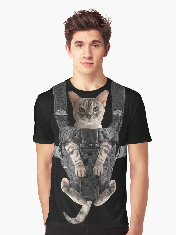 A cute and funny graphic of a gray cat snuggled up in a baby carrier. - Men