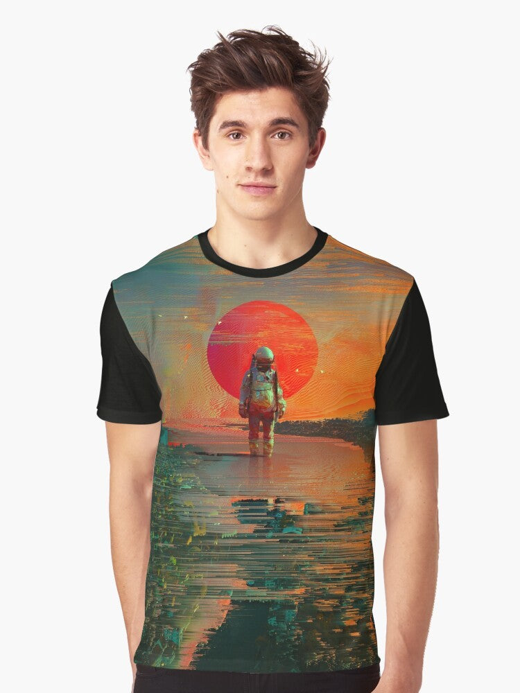 A surreal, visually striking graphic t-shirt featuring an astronaut in a collage-style space scene with planets, stars, and a cosmic blast. - Men