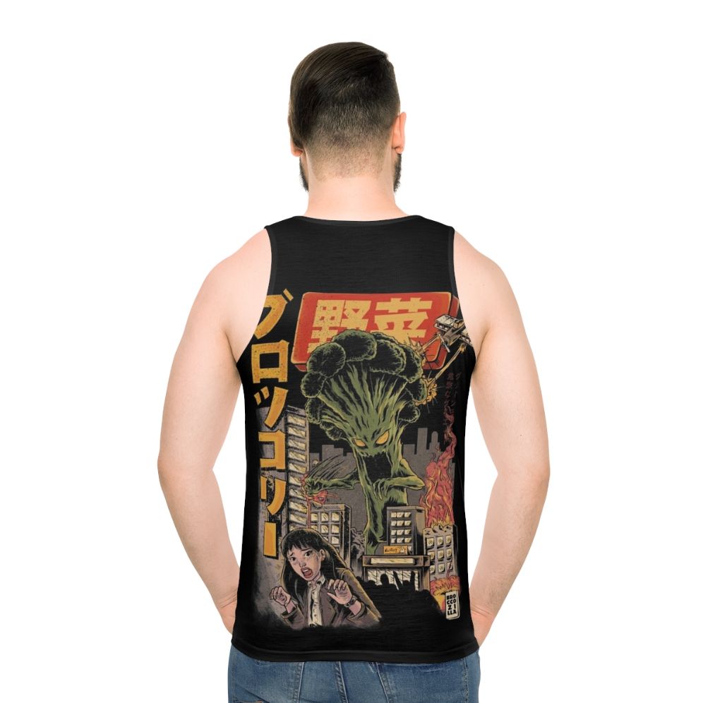 Unisex anime broccoli tank top with retro Broccozilla horror design - men back