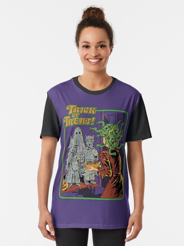 Vintage-style Halloween graphic t-shirt with "Trick or Treat" design featuring Medusa and snakes - Women