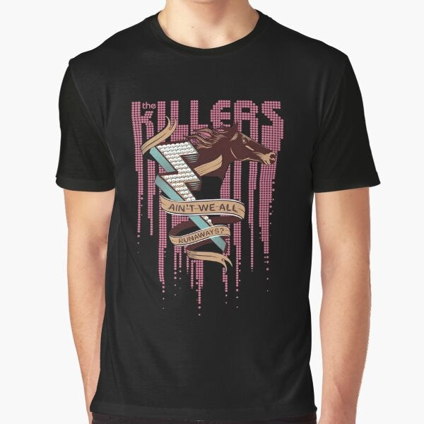 Retro graphic t-shirt featuring The Killers We All Runaways design with influences from Hall and Oates' iconic 1980s sound and style.