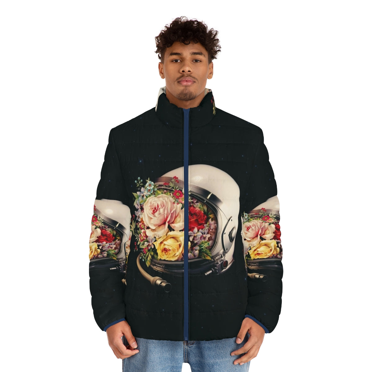 Puffer jacket featuring a collage of an astronaut, space, stars, and flowers - men front