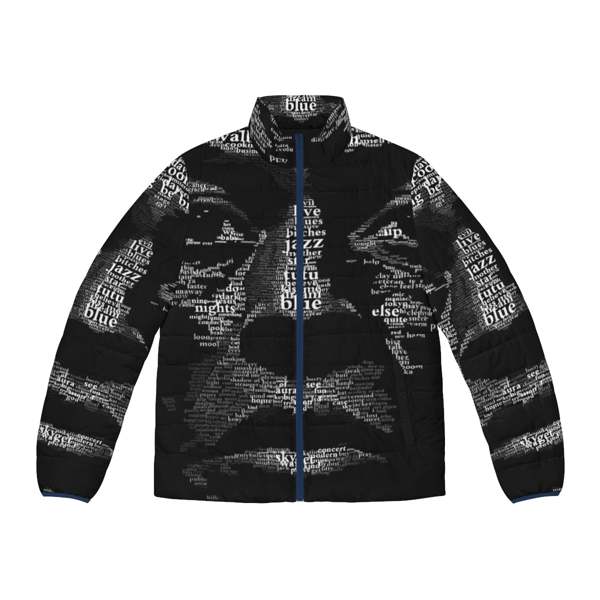 A beautiful puffer jacket featuring a jazz music inspired design, perfect for the holiday season.