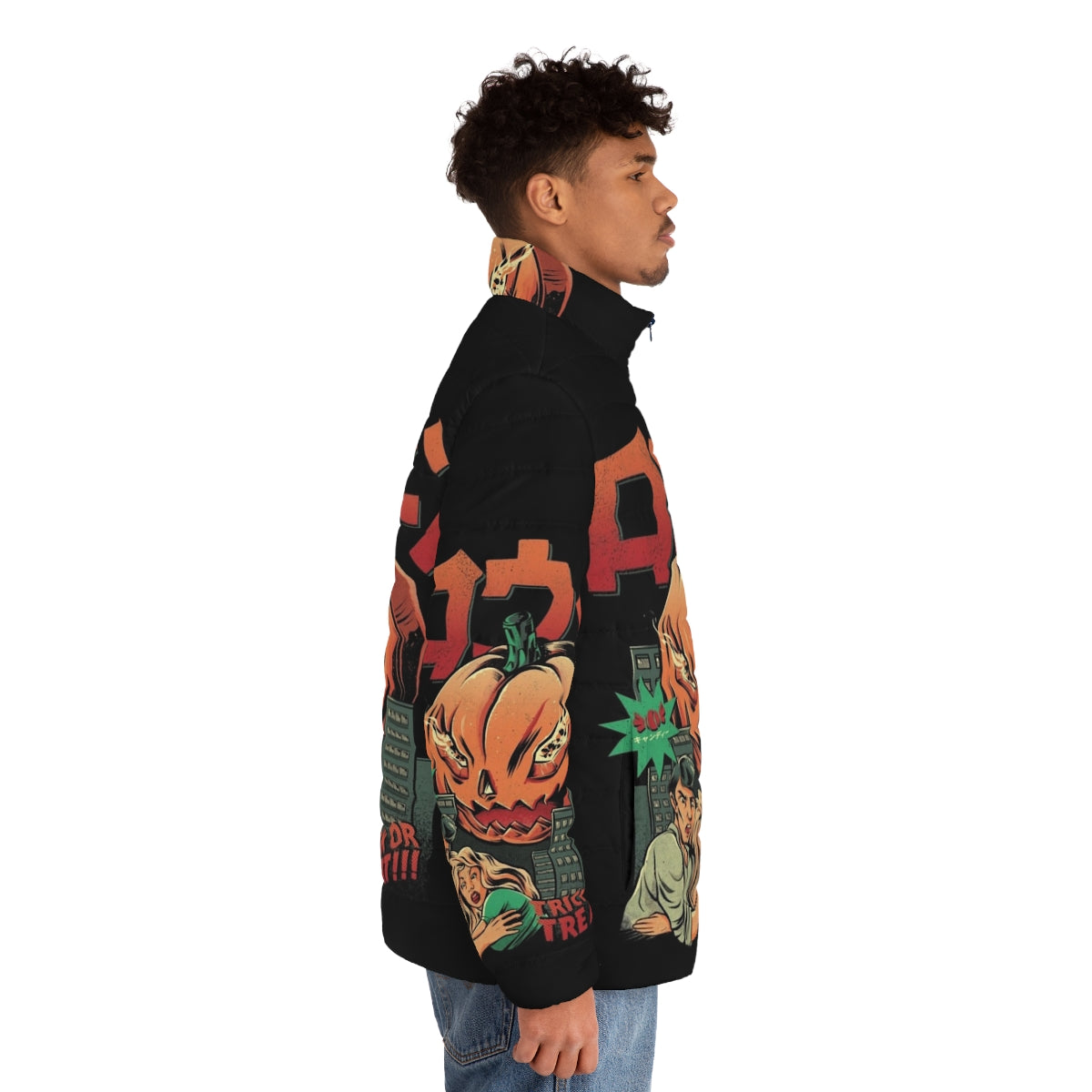 A puffer jacket with a pumpkin monster design, perfect for Halloween - men side right