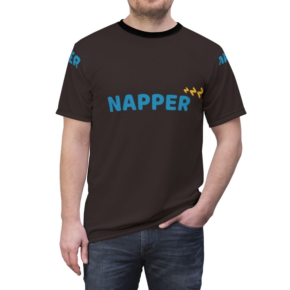 A comfortable all-over print t-shirt featuring the text "Naps Fix Everything Hobbies Include Napping" - men front