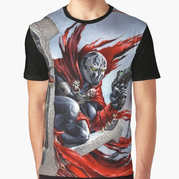 Spawn fanart graphic t-shirt featuring the character Spawn on a cross design