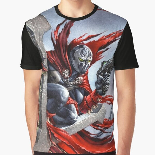 Spawn fanart graphic t-shirt featuring the character Spawn on a cross design