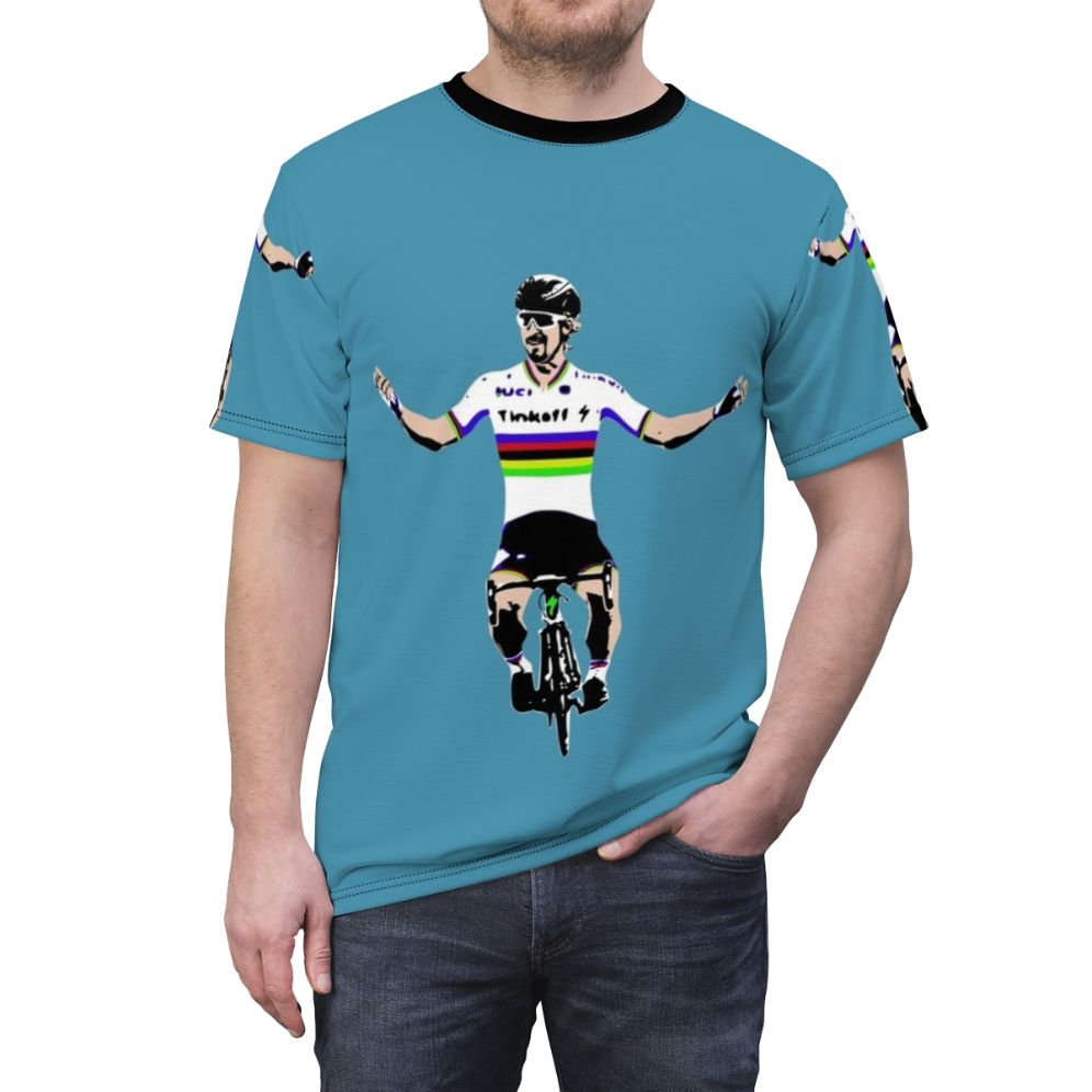 Cycling enthusiast wearing a Peter Sagan-inspired t-shirt - men front