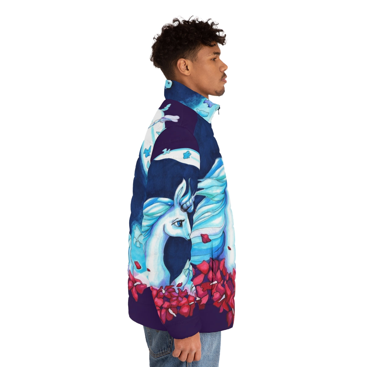 A whimsical puffer jacket featuring the iconic unicorn from the beloved fantasy film "The Last Unicorn" - men side right