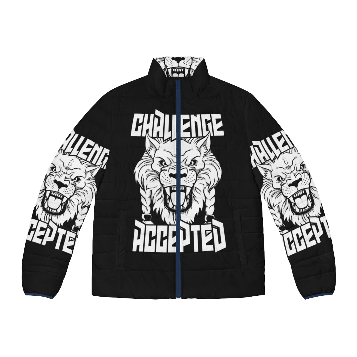 Battle Beast Puffer Jacket featuring a fierce white lion-like monster design