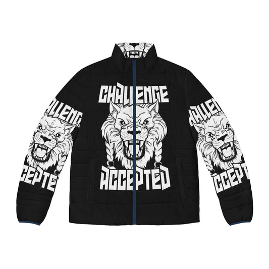 Battle Beast Puffer Jacket featuring a fierce white lion-like monster design