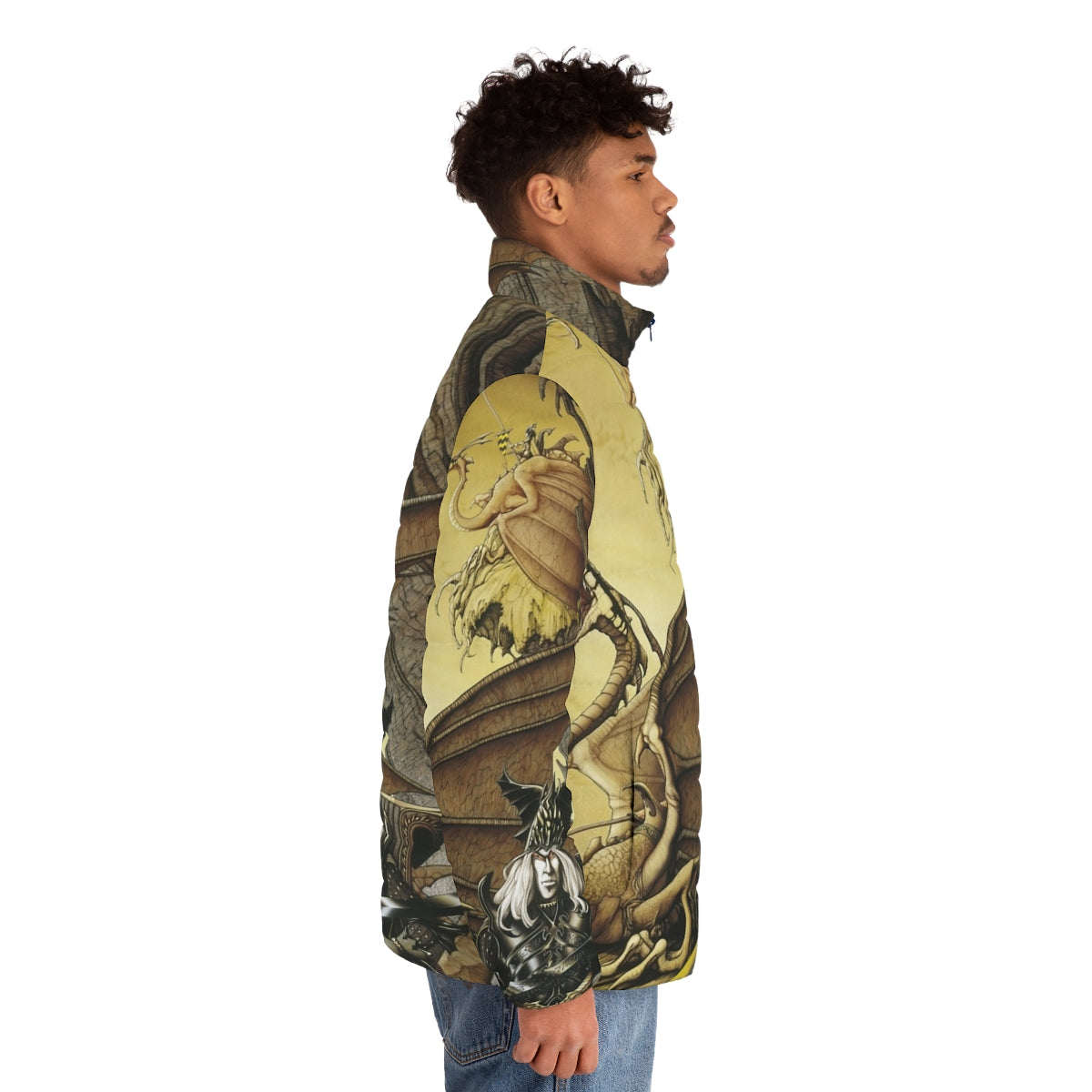 The Dragon Lord Puffer Jacket featuring fantasy art with a dragon, warrior, and sword and sorcery elements - men side right