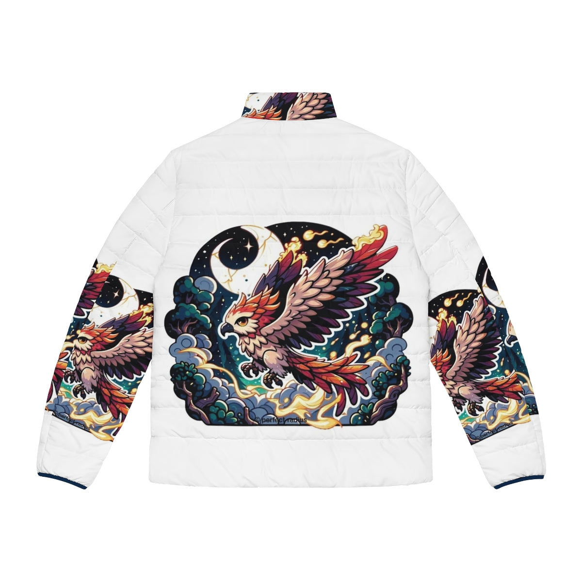 Mythical phoenix and thunderhawk design on a cozy fantasy puffer jacket - Back