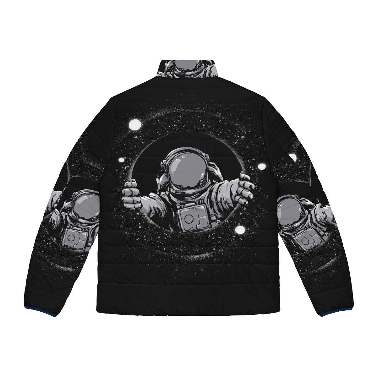 Black puffer jacket with a print of a black hole in space - Back