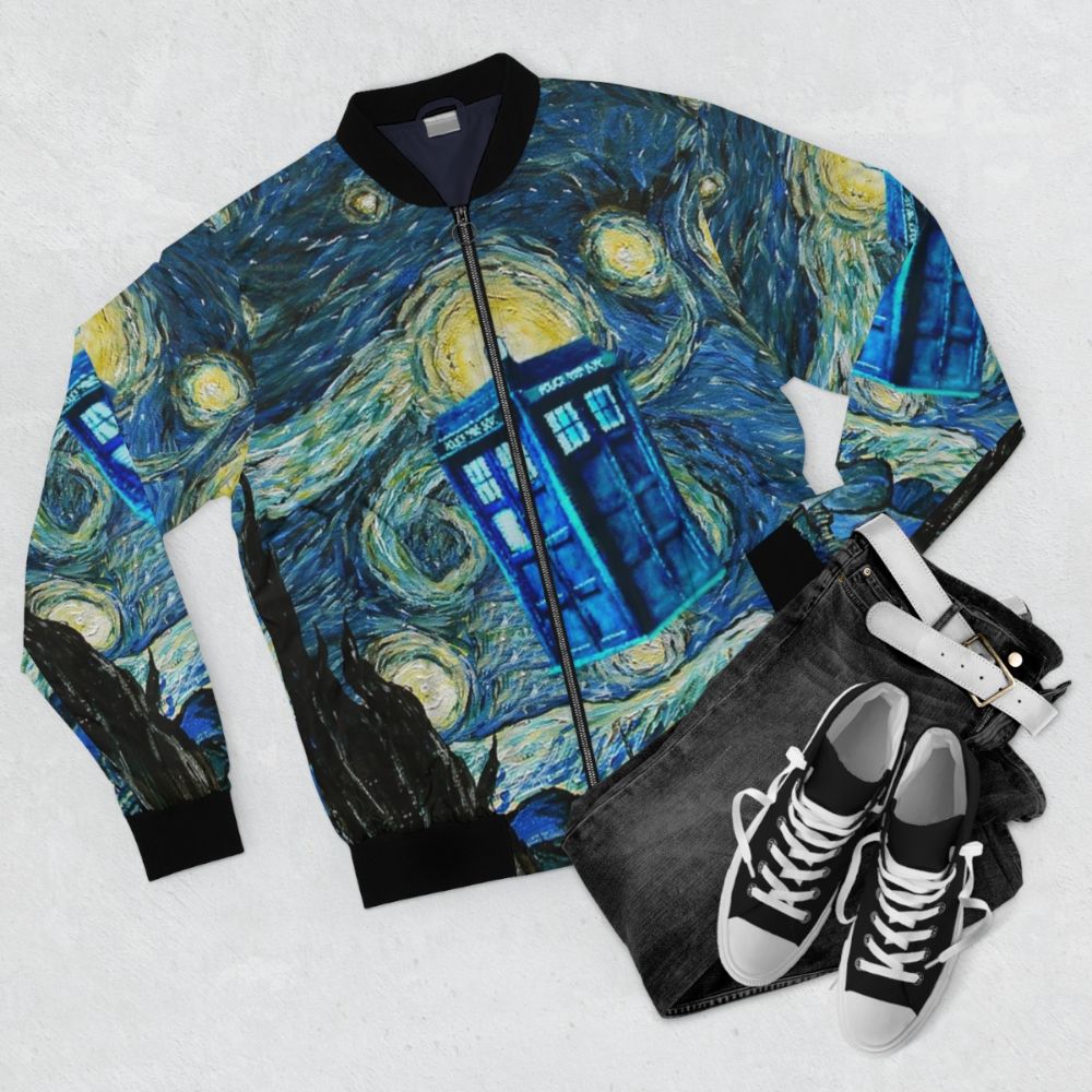 Bomber jacket with a design featuring a blue British phone box, inspired by the Doctor Who TV series. - Flat lay