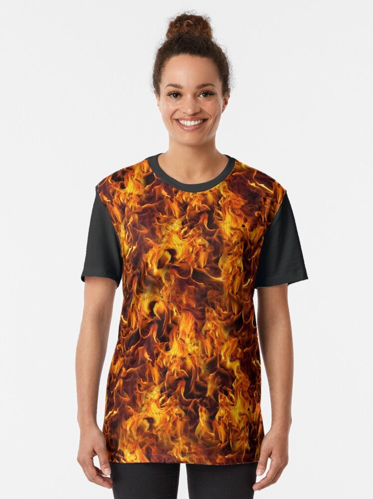 Fiery graphic t-shirt with a bold fire and flames pattern design - Women