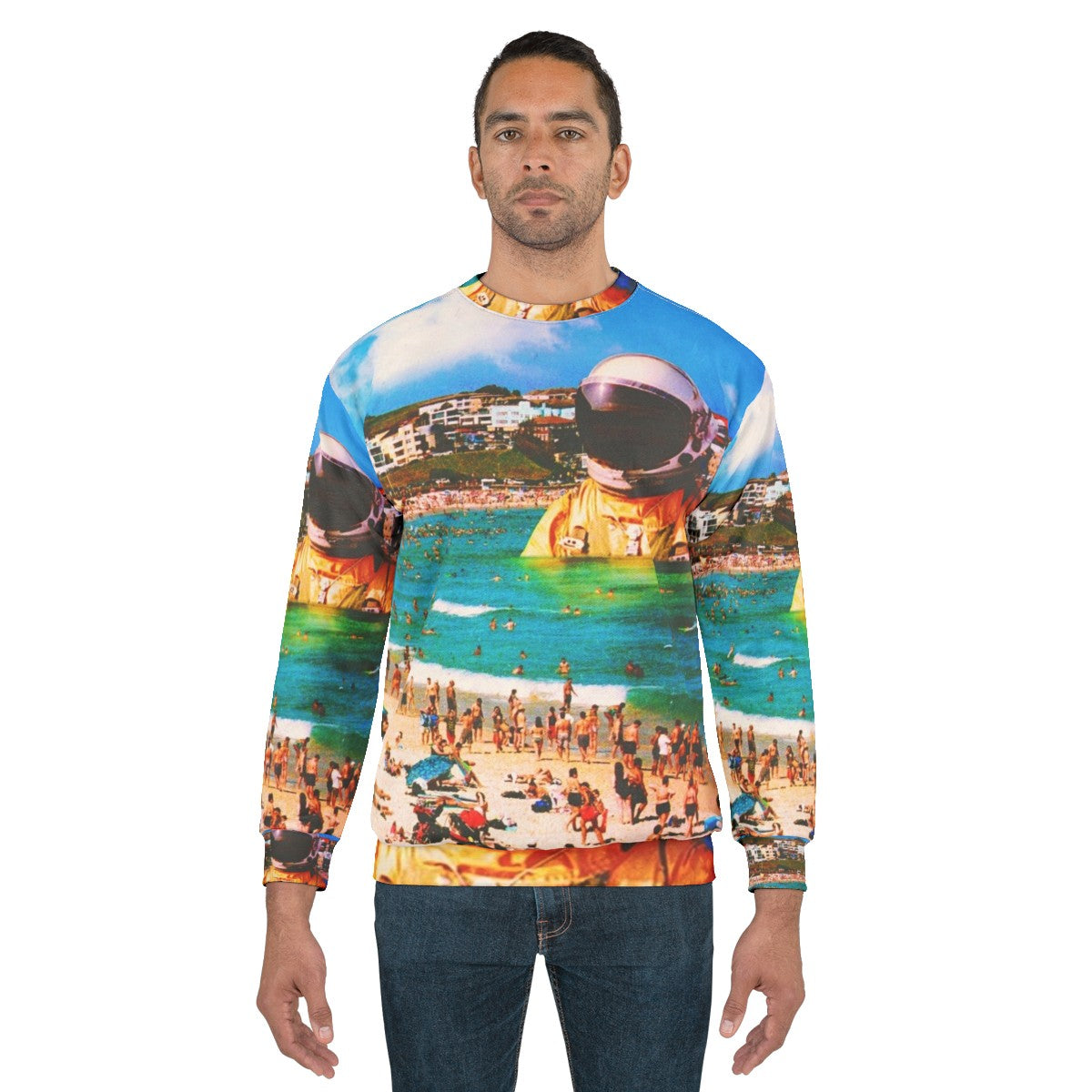 Surreal digital art sweatshirt featuring a beach astronaut in a collage design - men