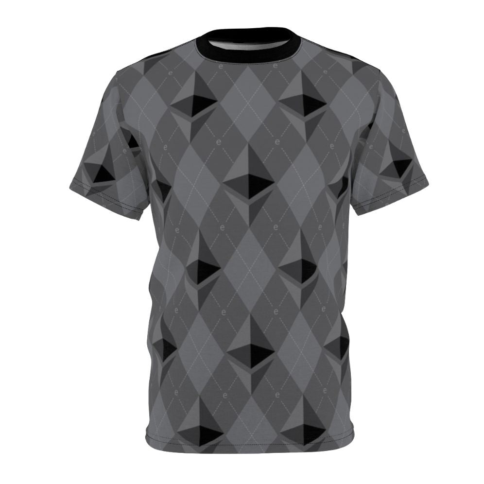 Ethereum-inspired crypto pattern design on a t-shirt for blockchain and digital currency enthusiasts