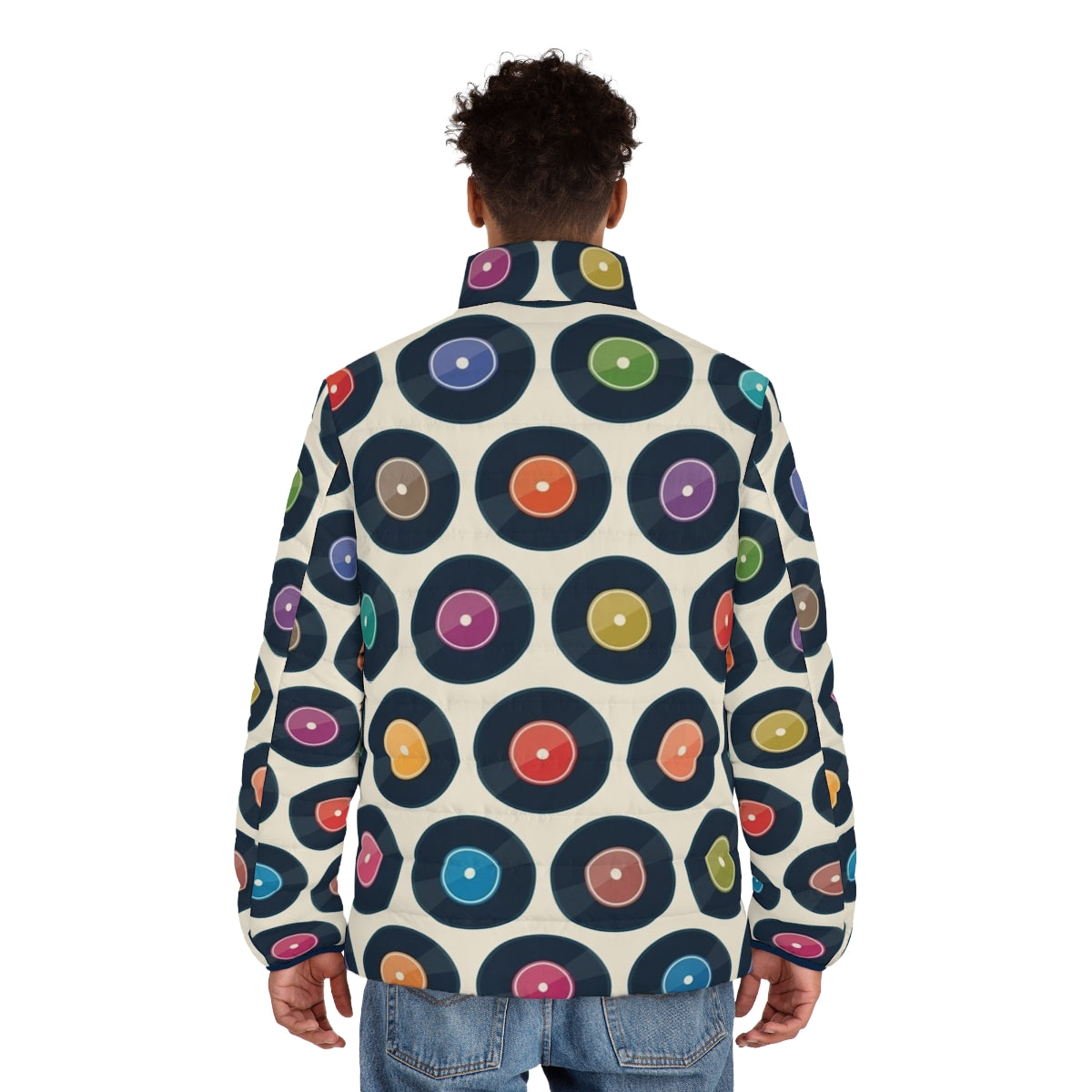 Retro vinyl record puffer jacket with a minimalist modernist pattern - men back