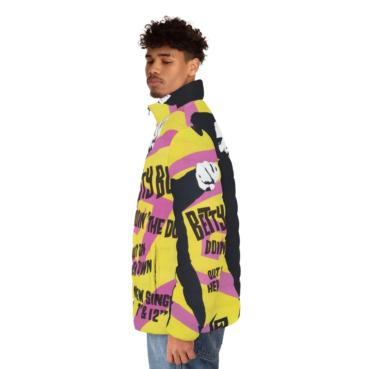 Betty Boo "Doin' The Do" 90s inspired puffer jacket with retro graphic design - men side left