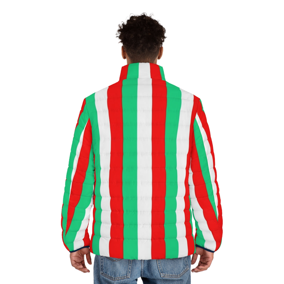 Red, green, and white striped puffer jacket, a stylish and on-trend design - men back