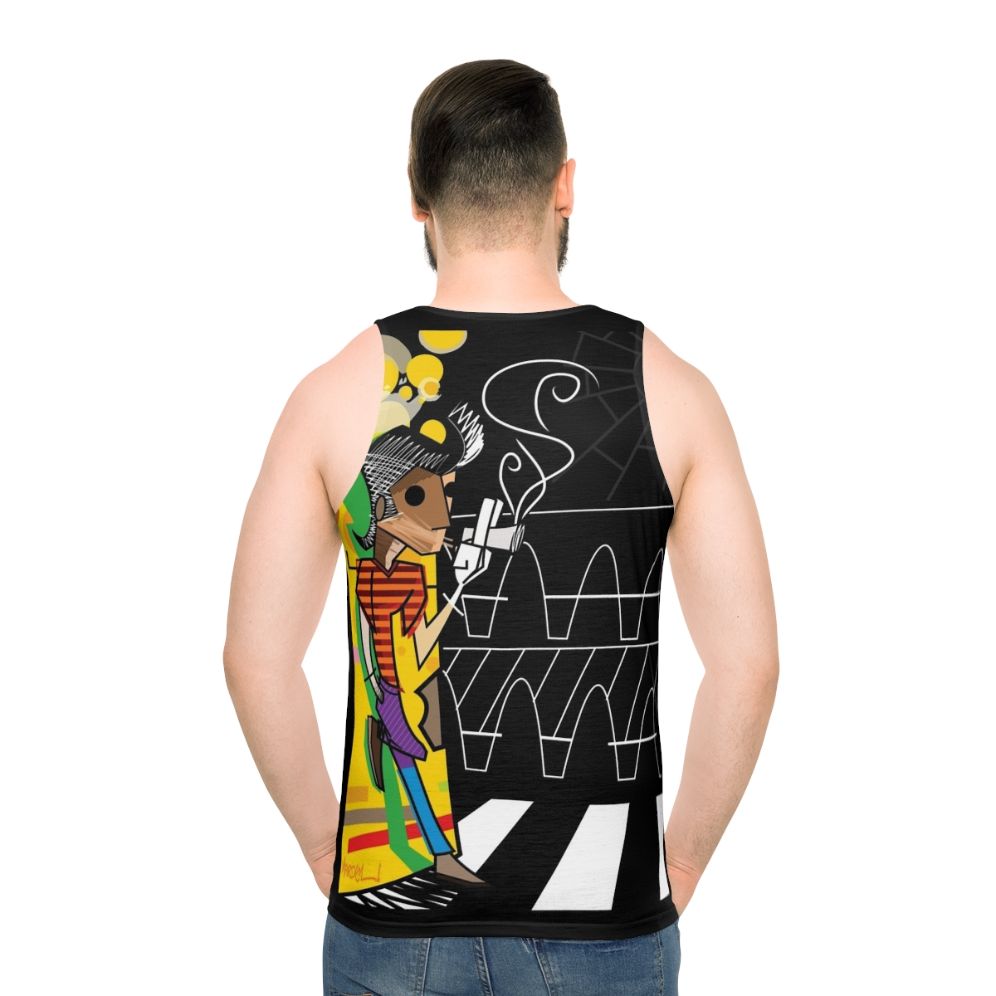 Colorful unisex tank top with pop art "The Trickster" design - men back