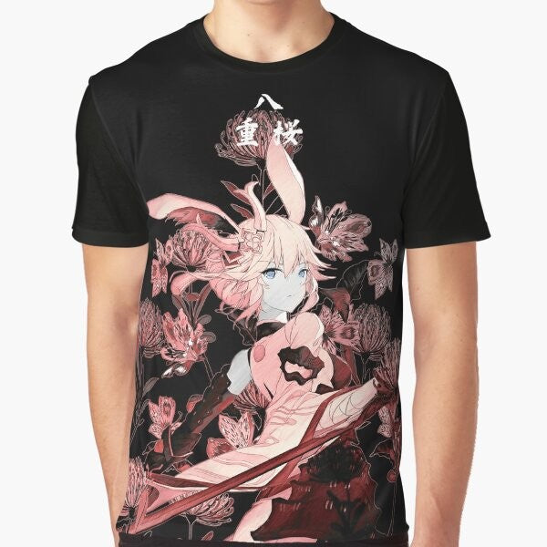 Graphic t-shirt featuring Yae, a samurai character, and the vibrant red higanbana flowers from the Honkai Impact and Genshin Impact games.