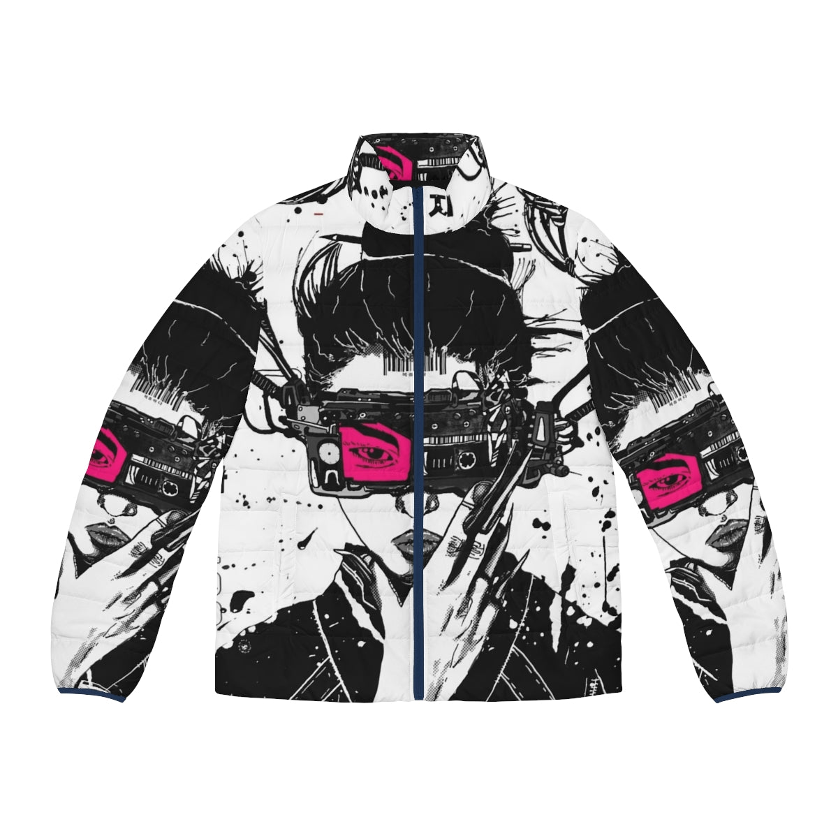 Cyberpunk vaporwave puffer jacket with futuristic urban style