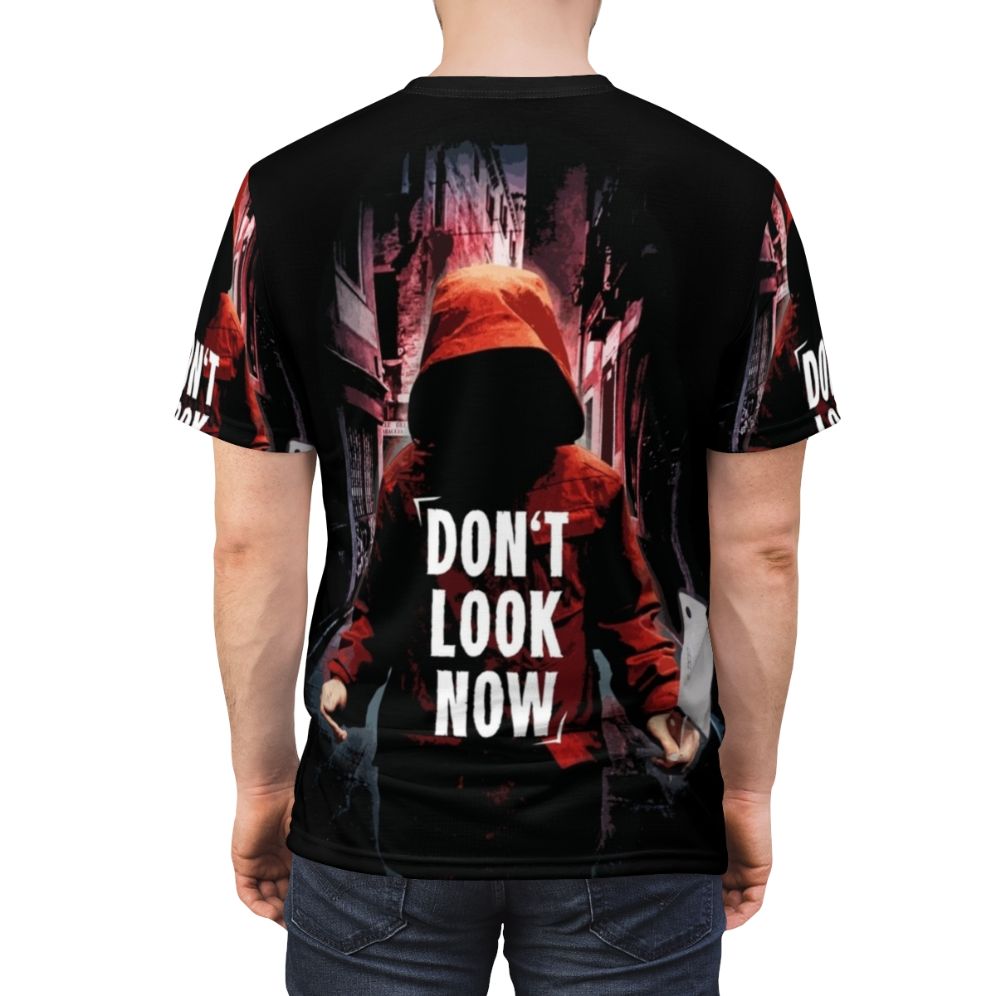 Eerie "Don't Look Now" inspired t-shirt design with dark and creepy gothic elements - men back