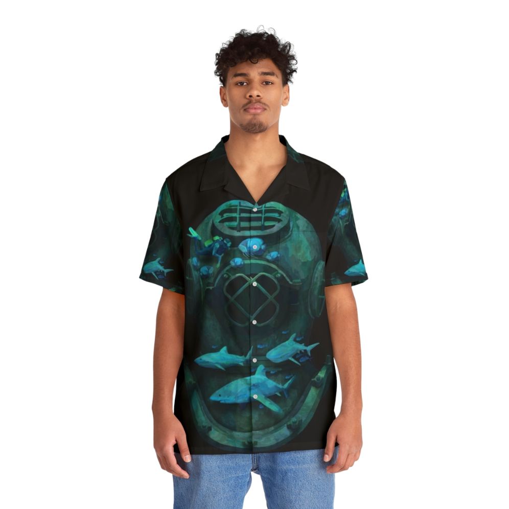 Diver exploring the ocean depths wearing a deep diving hawaiian shirt - People Front