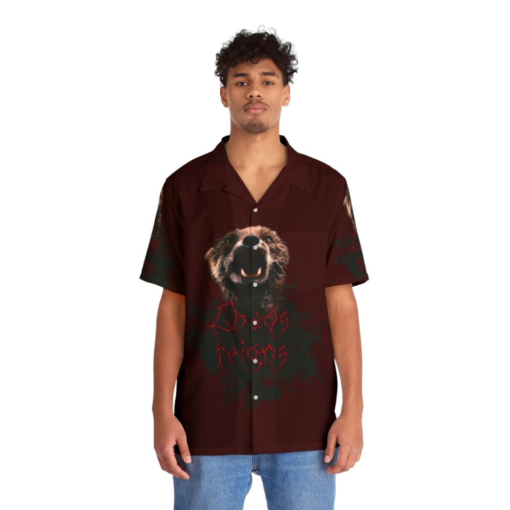 Chaos Reigns Hawaiian Shirt featuring occult and satanic imagery - People Front