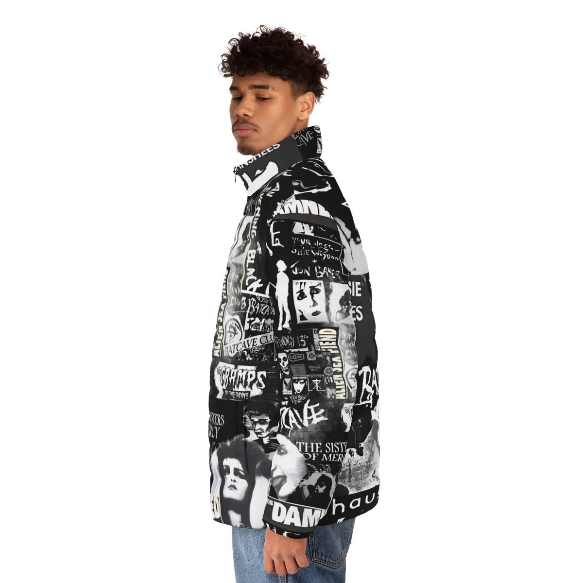 Goth puffer jacket with collage design inspired by 80s music - men side left