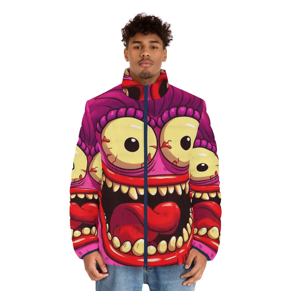 Colorful and vibrant puffer jacket featuring the Big Mouth hormone monster - men front