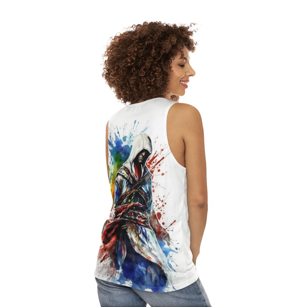 Assassin's Creed unisex tank top with a splatter sketch design - women back