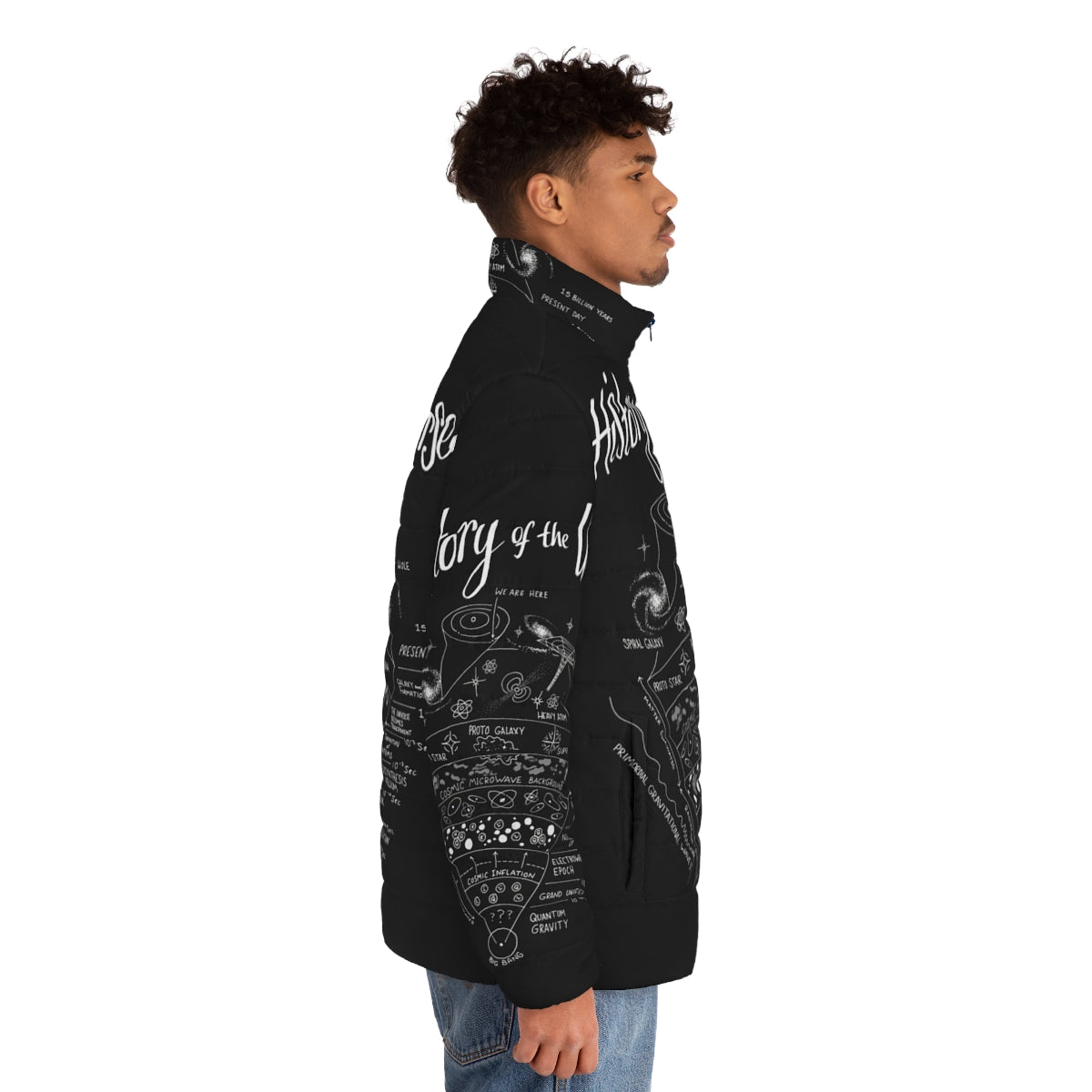 A puffer jacket featuring a diagram and illustration of the history of the universe, space, and cosmology - men side right