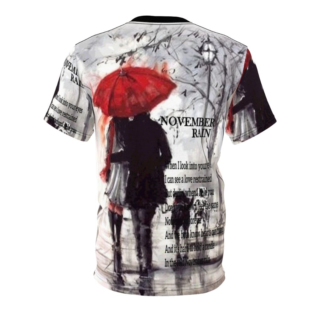 Autumn rain design t-shirt with city landscape and love umbrellas - Back