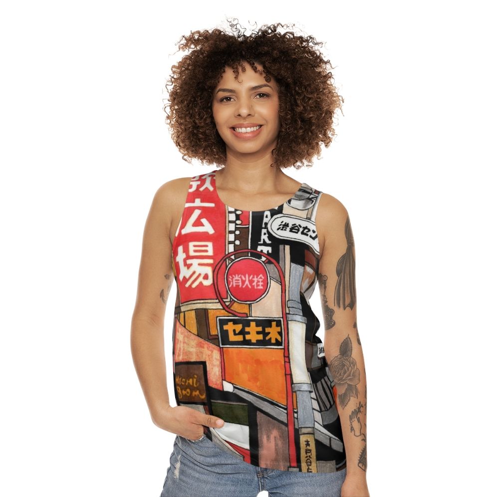 Unisex tank top featuring colorful Tokyo street signs - women