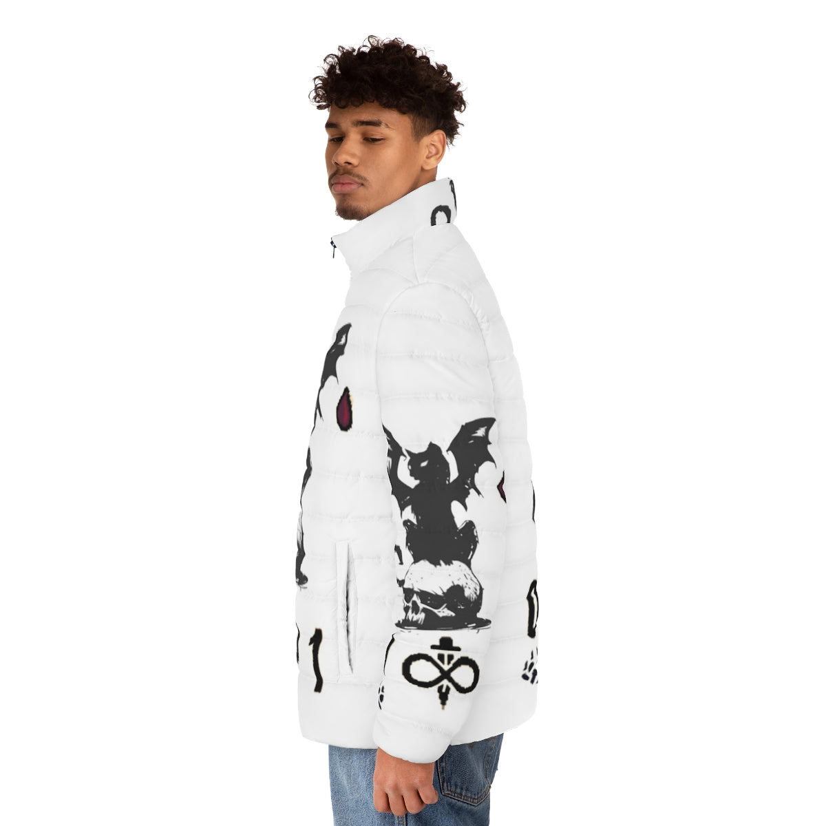 Inscryption 4 Puffer Jacket, featuring the logo and imagery from the popular video game - men side left