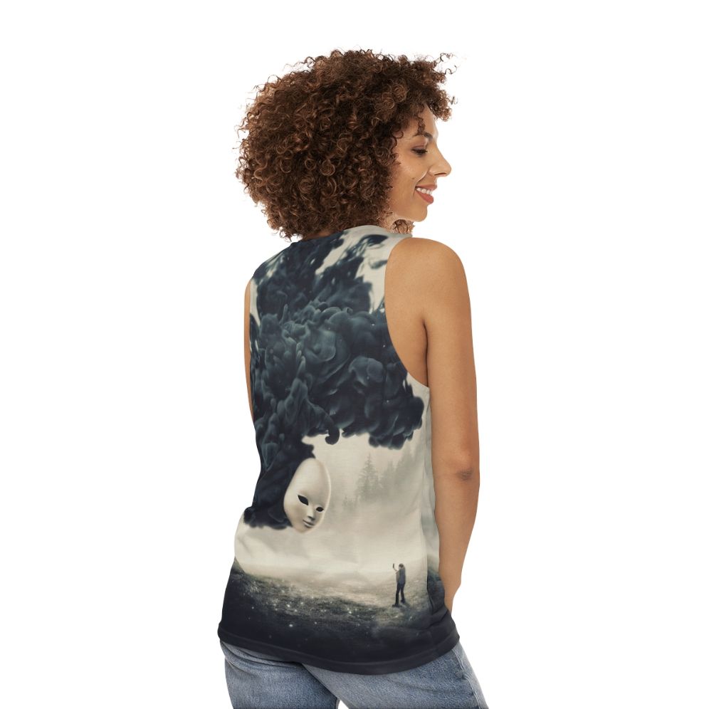 Dark surrealism unisex tank top with selfie design - women back