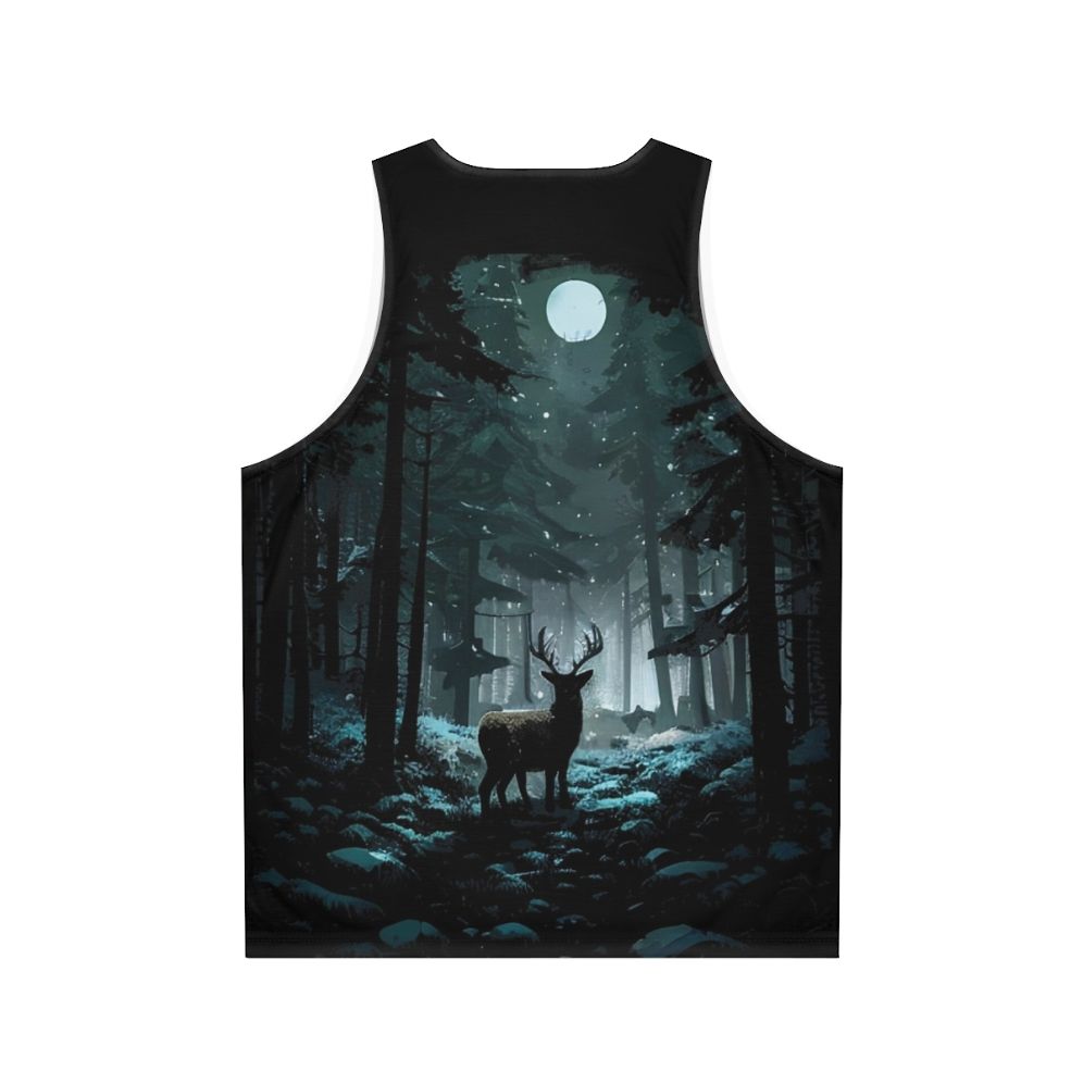 Unisex tank top featuring a winter woods landscape with a deer and the moon - Back