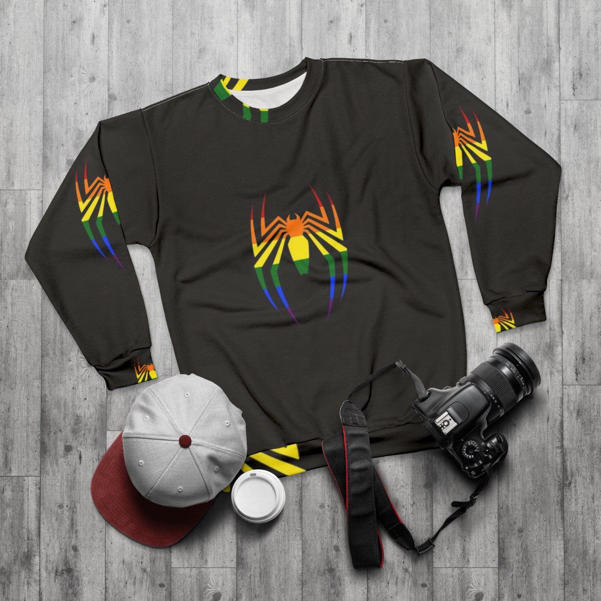 Spider Symbol Rainbow Sweatshirt for Gamers and Comic Fans - flat lay