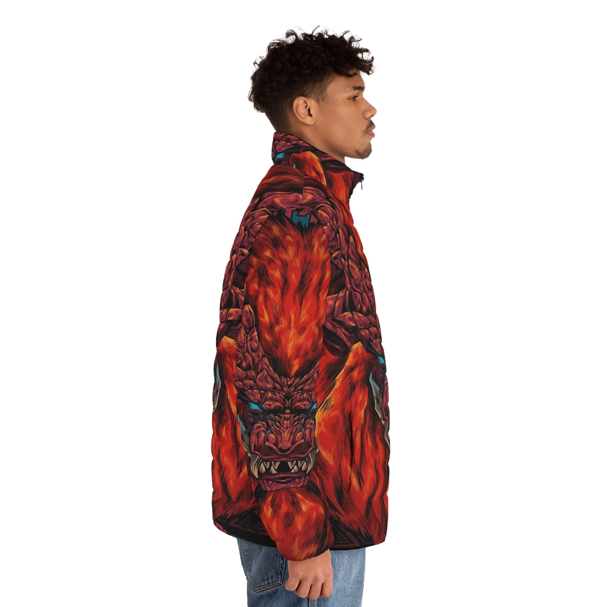 Teostra puffer jacket with gaming and monster hunting graphic design - men side right