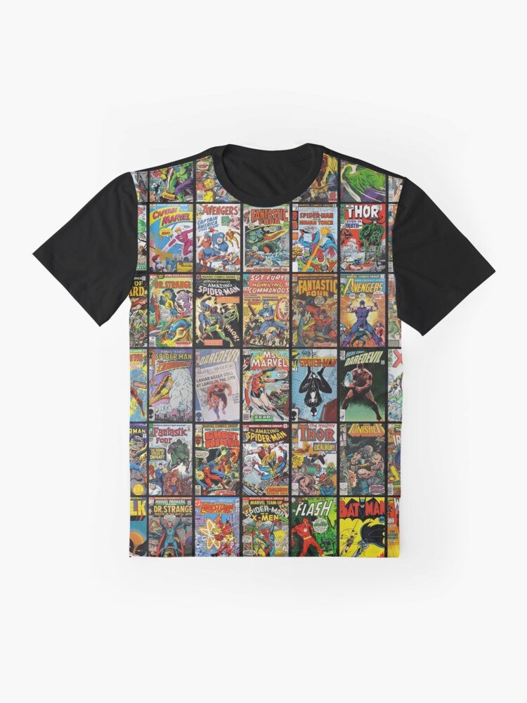 Vintage Superhero Comic Book Collection Pattern Graphic T-Shirt - Flat lay