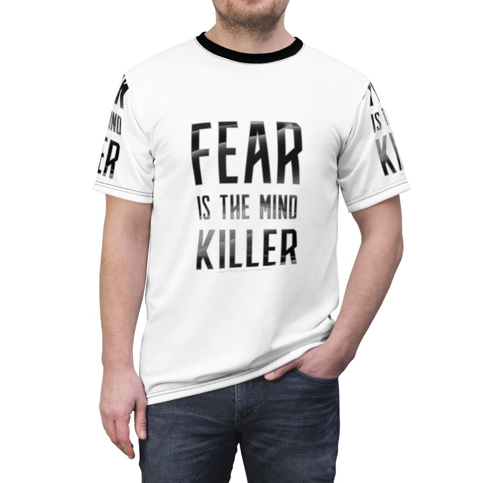 Dark t-shirt featuring the iconic "Fear is the mind-killer" quote from the Dune sci-fi universe. - men front