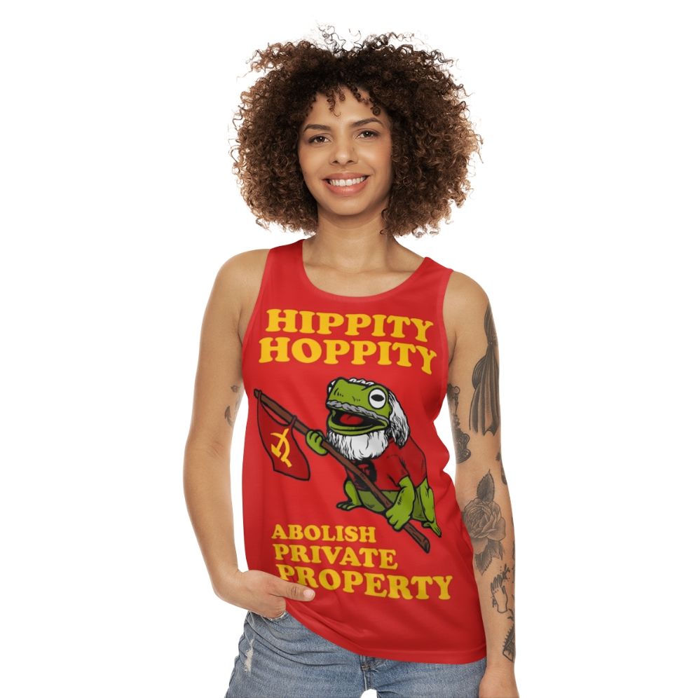 Unisex tank top with "Hippity Hoppity Abolish Private Property" design - women