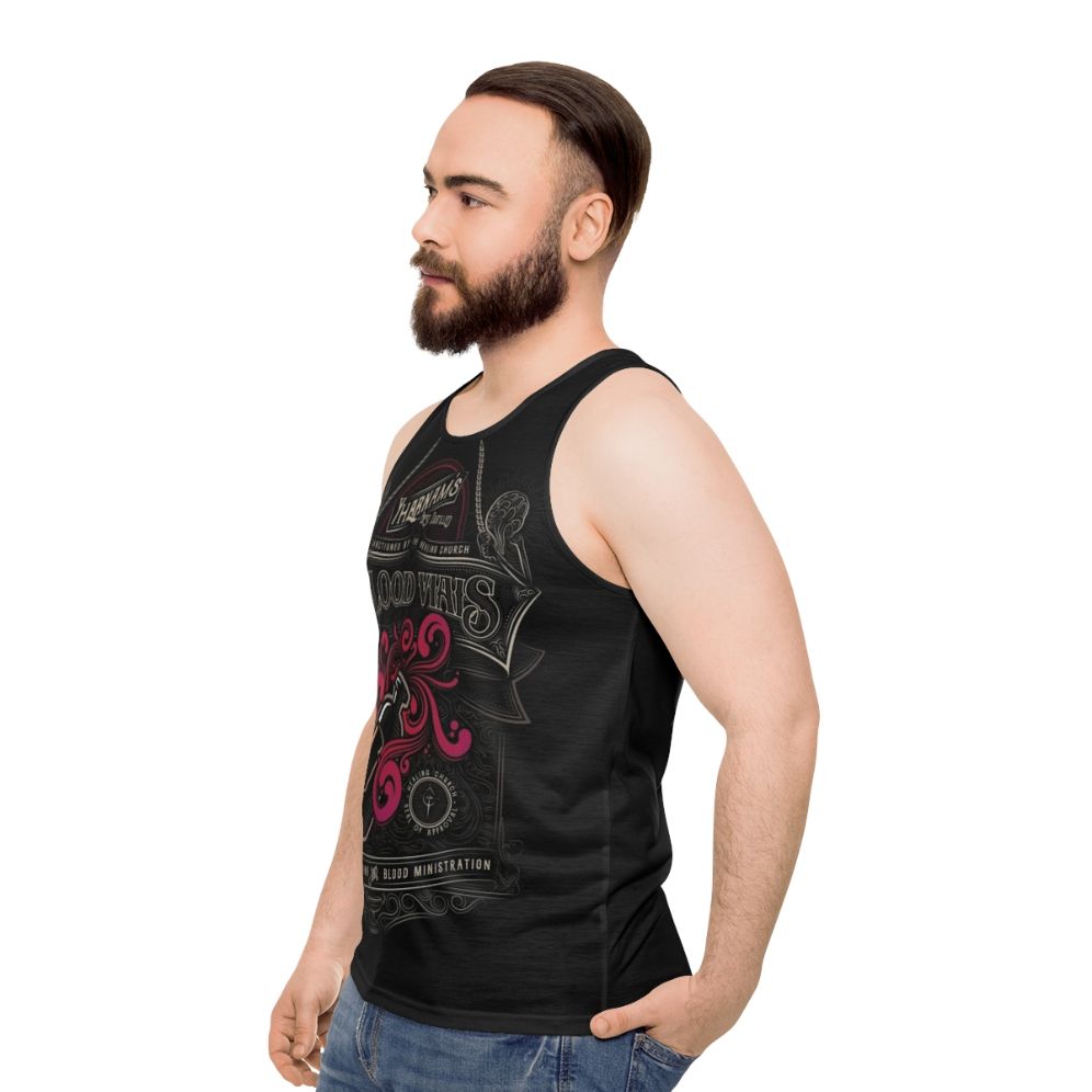 Yharnam's Blood Vials Unisex Tank Top featuring a gothic and Lovecraft-inspired design - men side