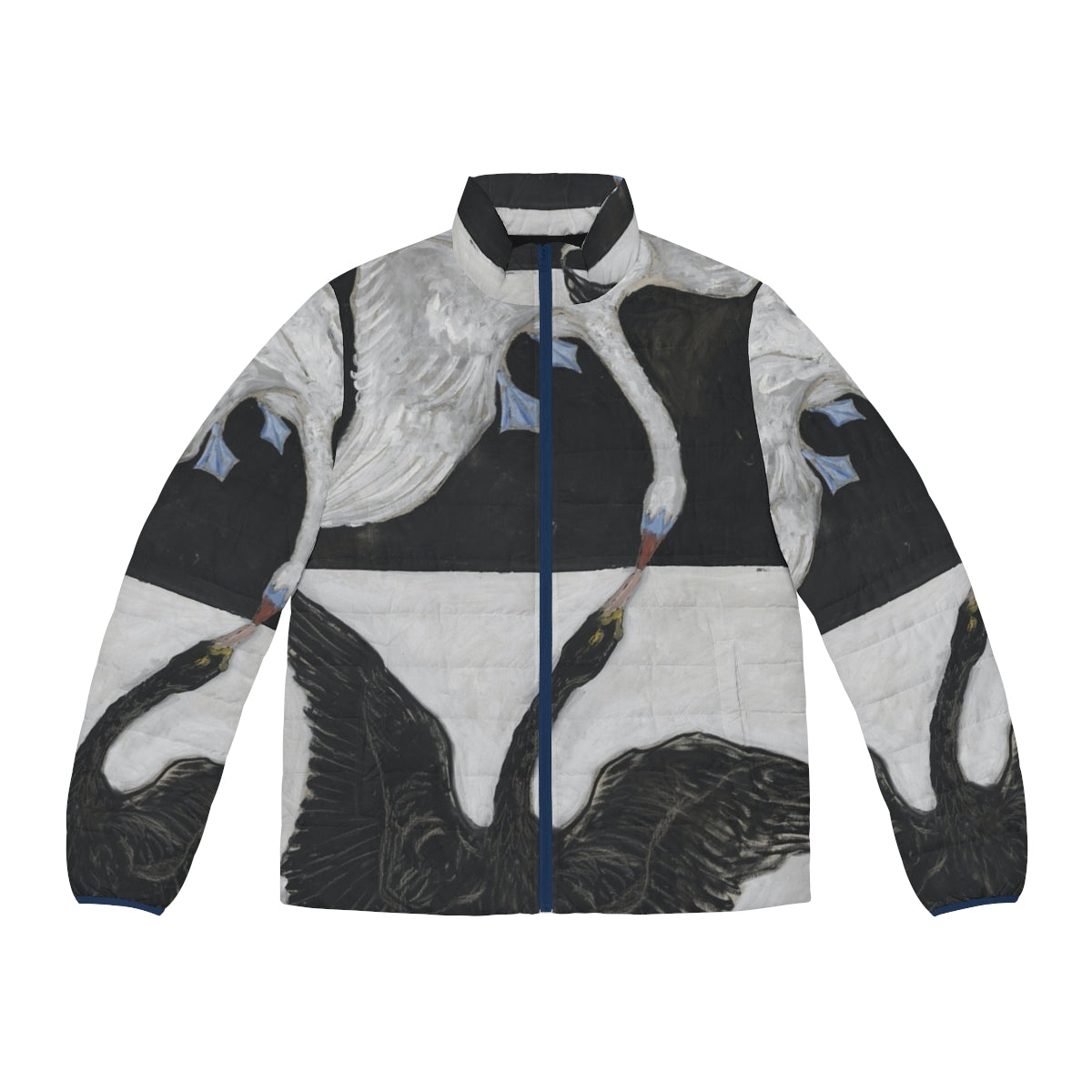 Black and white swan puffer jacket with Hilma Af Klint inspired graphic design